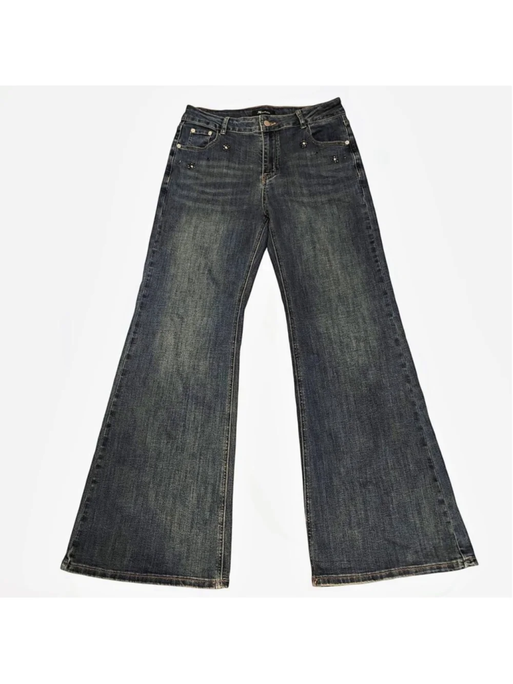 Embellished Stretch Denim Jeans – High Waist, Flared Fit  Stylish medium-wash je